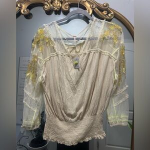 We The Free Cream and Yellow Embellished Top